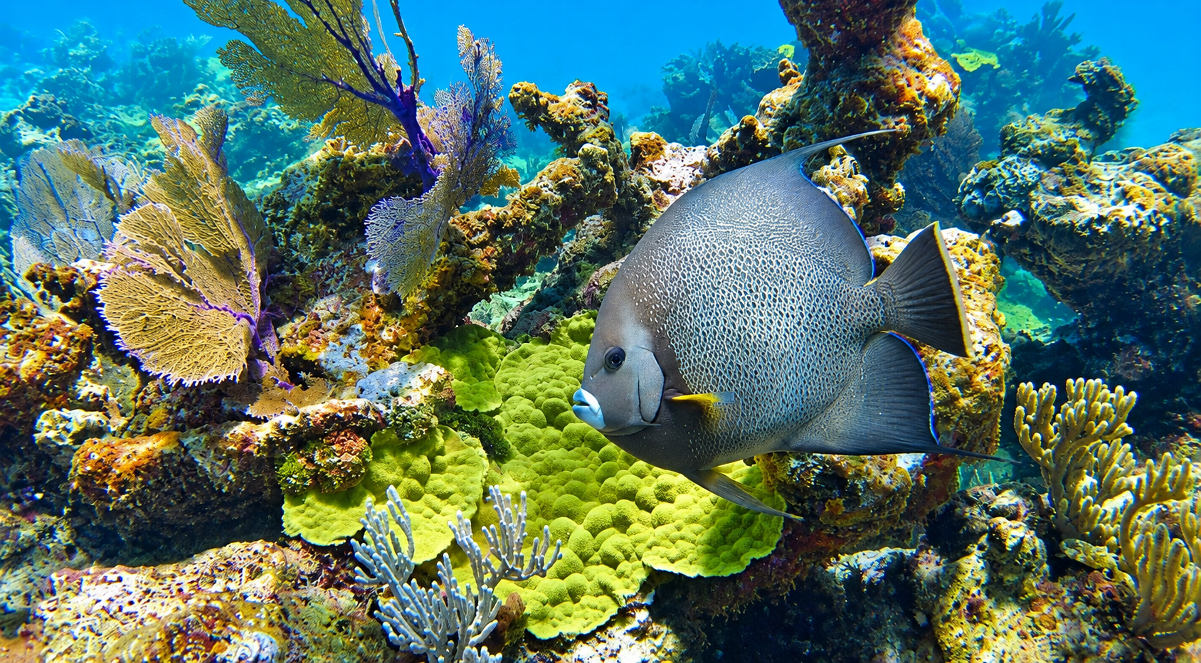Colorful coral reef with a large fish swimming among vibrant corals and sea fans.