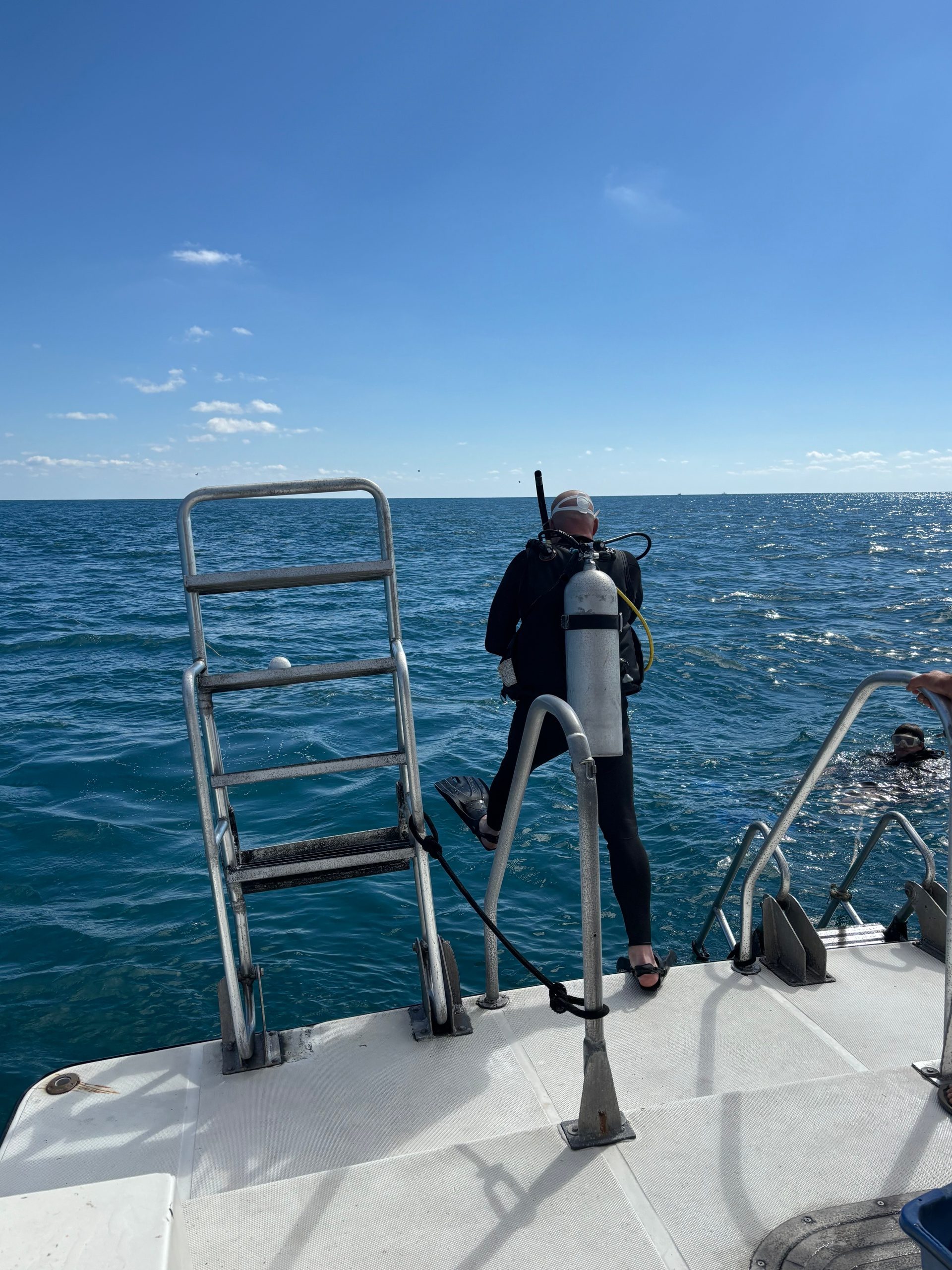 Scuba diver with tank and gear standing on a boat ladder over the ocean.