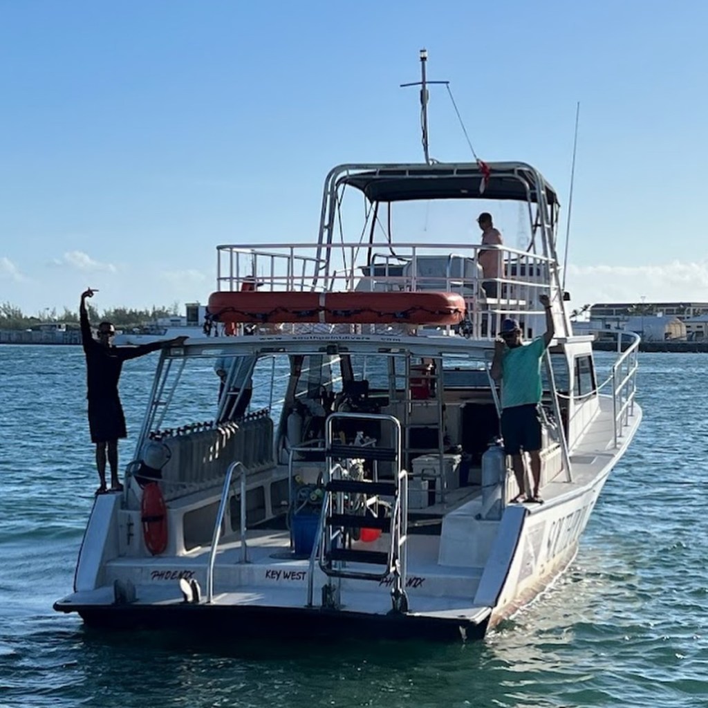 People on a boat in a harbor with clear skies.