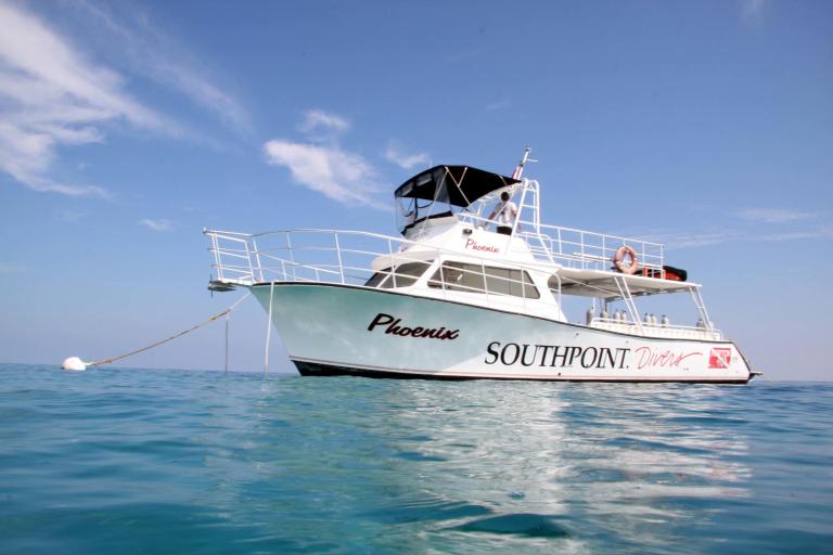 White boat named 'Phoenix' on calm blue water under a clear sky.