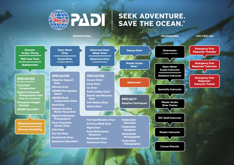 PADI scuba diving certification paths flowchart with categories for recreational, professional, and emergency.