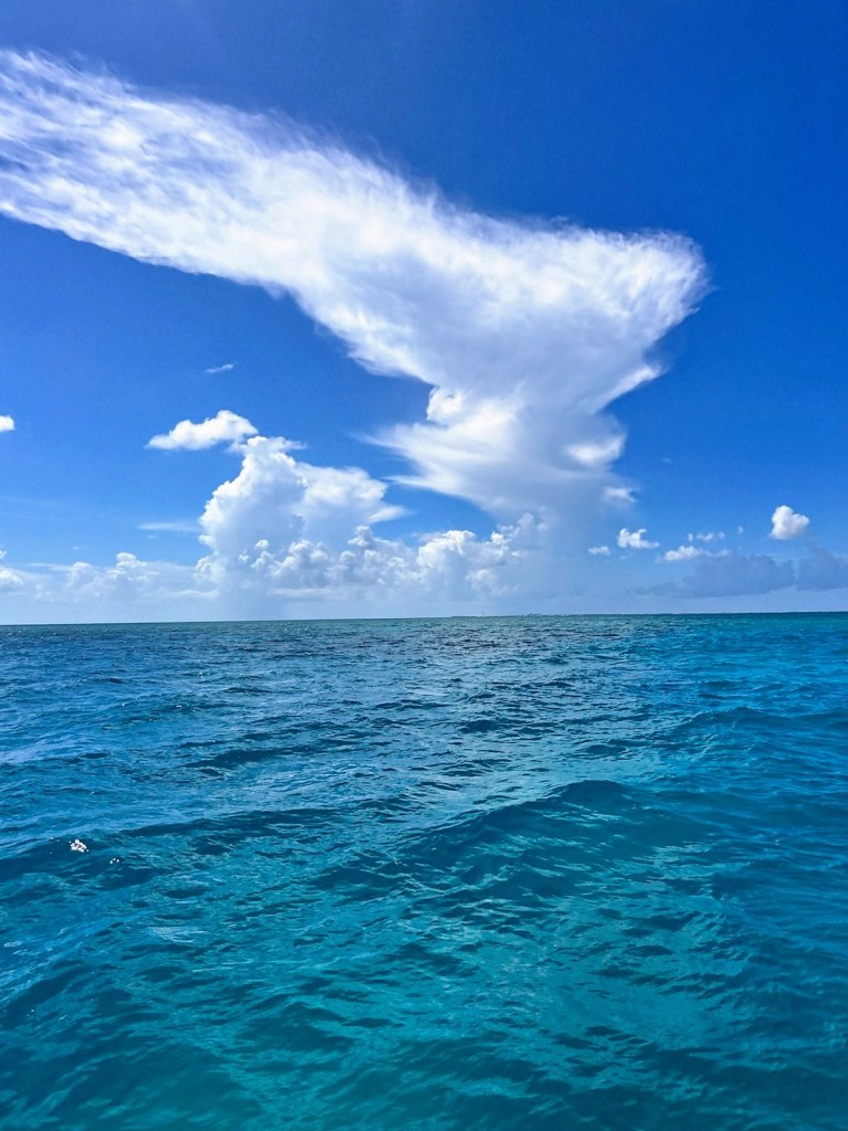 Blue ocean with white clouds in a bright sky.