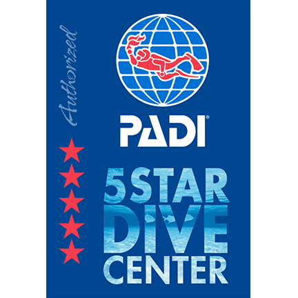 Blue background, PADI logo, 5 stars, '5 Star Dive Center' text.
