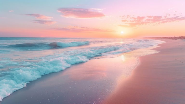 Sunset over a serene beach with gentle waves and a pink sky.